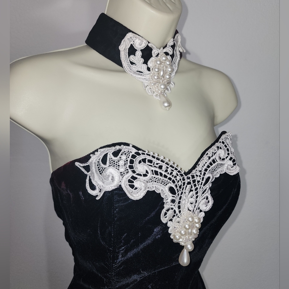 Scott McClintock Dress Vintage Velvet Faux Pearl And Lace Choker Black Size 4 - Picture 2 of 14